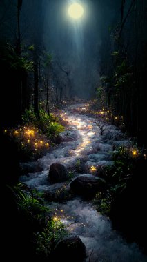 Karanlık ormanda şelale akıntısı. Şelale ve güneş ışığı manzarası. 16: 9 telefon duvar kağıdı. 3B illüstrasyon.