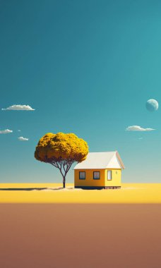 Countryside landscape background.  View of small house on farmland and yellow meadow. Illustration image.