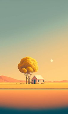 Countryside landscape background.  View of small house on farmland and yellow meadow. Illustration image.