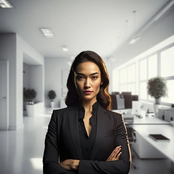 Portrait of confident women wear black suit standing in office.