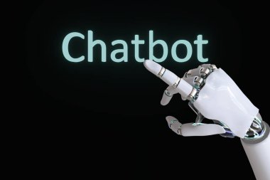 Robot el yapay zeka sohbet metnini açmak için işaret ediyor. 3B resimleme.