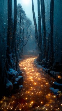 Red river flowing in dark forest in winter. Background of forest with river water flow. 16:9 phone wallpaper. Illustration image.