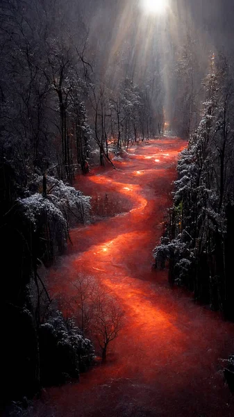 Red river flowing in dark forest in winter. Background of forest with river water flow. 16:9 phone wallpaper. Illustration image.