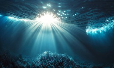 Derin mavi denizin altında çok güzel. Güneş ışığıyla deniz altı görüntüsü. 3B illüstrasyon.