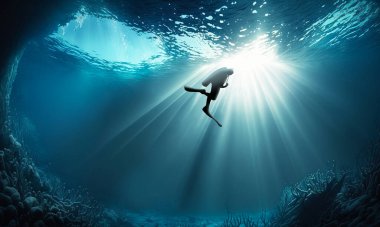 Derin mavi denizin altında tüplü dalış. Dalgıç gün ışığıyla deniz altı mağarasında yüzer. 3B illüstrasyon.