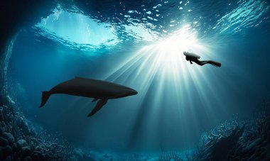 Scuba diver swim with whale. Scuba diver diving underwater with sunbeam. 3D rendering image.