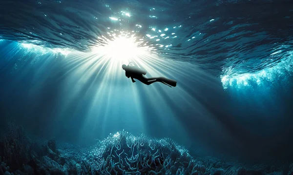 Scuba diving under deep blue sea. Diver swim undersea cave with sunray. 3D illustration.