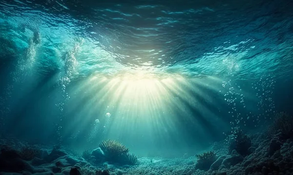Beautiful under deep blue sea background. Undersea view with sunray. 3D illustration.