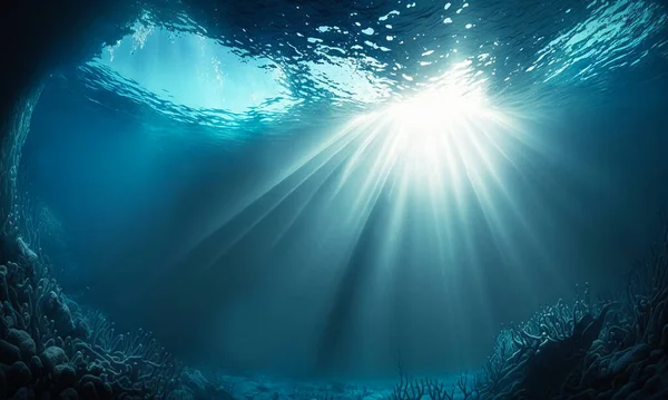 Beautiful under deep blue sea background. Undersea view with sunray. 3D illustration.