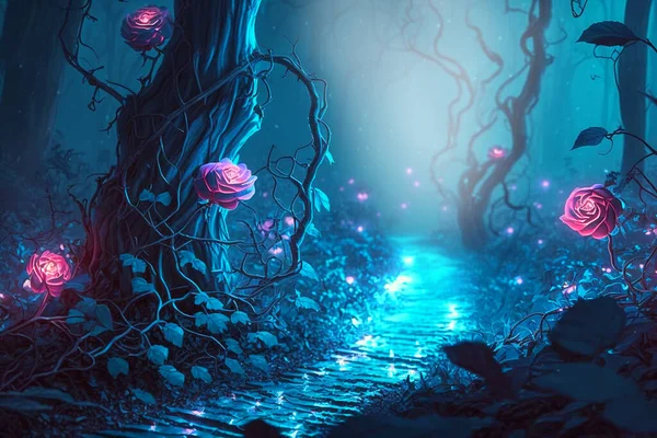 Beautiful Pink Roses Blooming Dark Forest Illustration Image — Stock Photo, Image