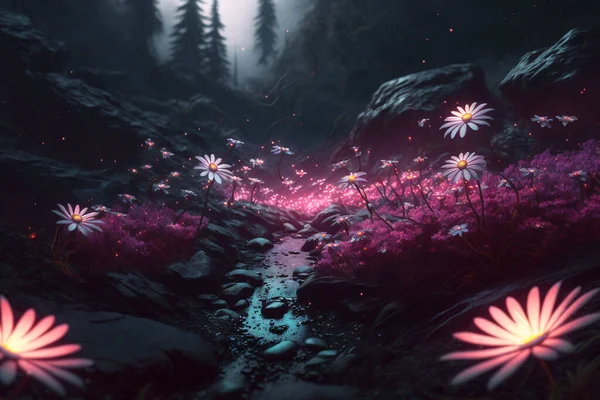 Beautiful Pink Flower Blooming Dark Forest Illustration Image — Fotografie, imagine de stoc