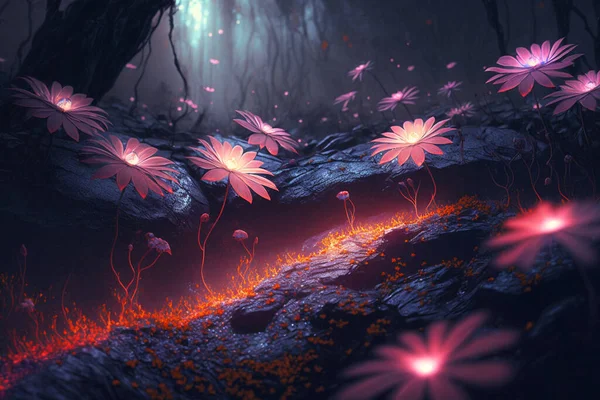 在黑暗的森林里绽放着美丽的粉红色花朵 说明性图像 — 图库照片