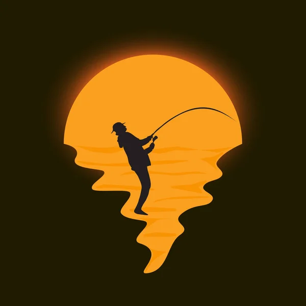 Angler Fishing Silhouette Logo Mit Sonnenuntergang Auf Schwarzem Hintergrund Outdoor — Stockvektor