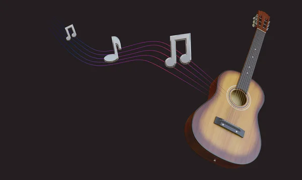 Acoustic guitar and music notes flying on black background. 3D illustration.