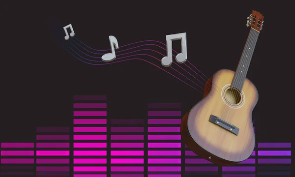 Acoustic guitar with music notes flying and graphic equalizer on black background. 3D illustration.