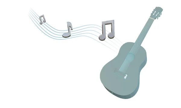 Acoustic guitar and music notes flying on white background. 3D illustration.