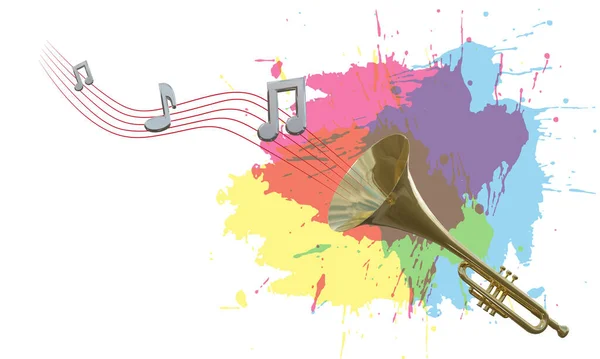 Trompeten Und Musiknoten Fliegen Mit Farben Auf Weißem Hintergrund Illustration — Stockfoto