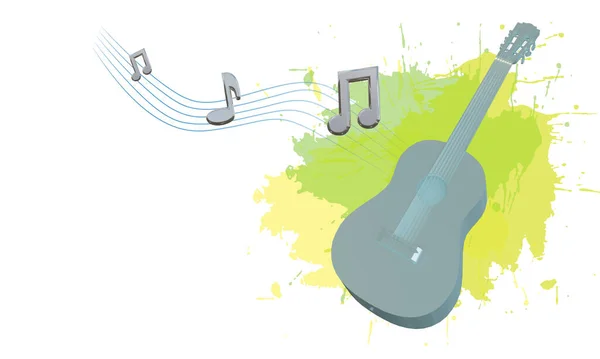 Akustische Gitarre Und Noten Fliegen Mit Farben Auf Weißem Hintergrund — Stockfoto