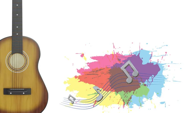 Acoustic guitar and music notes flying with colors splash on white background. 3D illustration.