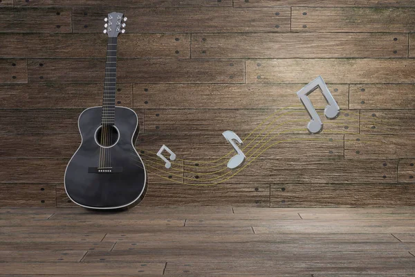 Acoustic guitar with music notes flying in old wooden room. 3D illustration.