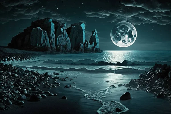Прекрасний Морський Пейзаж Повним Місячним Фоном Темний Пляж Природна Сцена — стокове фото