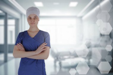 Portrait of surgical doctor standing in patient room. 3D illustration image.