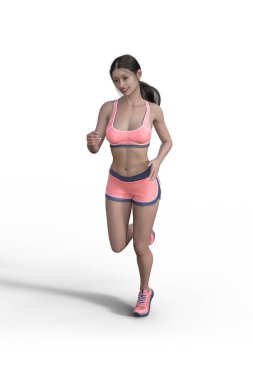 Beyaz arka planda koşan genç bir bayan koşucu. 3B illüstrasyon insanları.