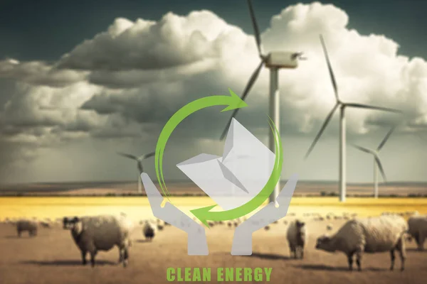 Tiszta Energia Koncepció Hátterek Szélturbinák Tiszta Energia Logó Illusztrációjával — Stock Fotó