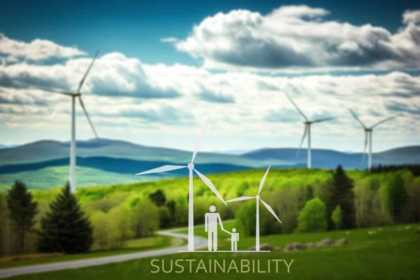 Hintergründe Einem Nachhaltigen Energiekonzept Windkraftanlagen Mit Abbildung Des Logos Für — Stockfoto