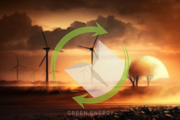 Tiszta Energia Koncepció Hátterek Szélturbinák Tiszta Energia Logó Illusztrációjával — Stock Fotó