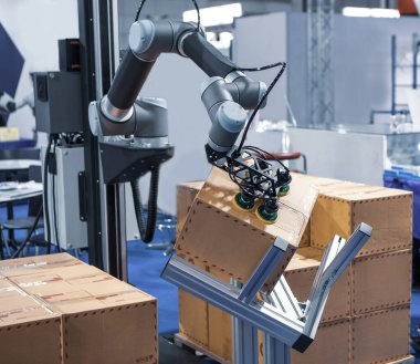 Modern depoda paletten kutuya robot kolu değdirme.
