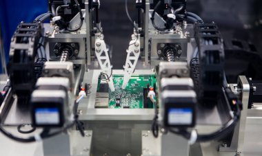 PCB (yazdırma devre kartı) için otomatik robot montajı. Yarı iletken endüstri.