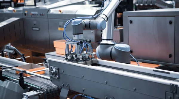 Robot Automatizado Brazo Elevación Alimentos Puede Cinta Transportadora Industria Alimentaria — Foto de Stock