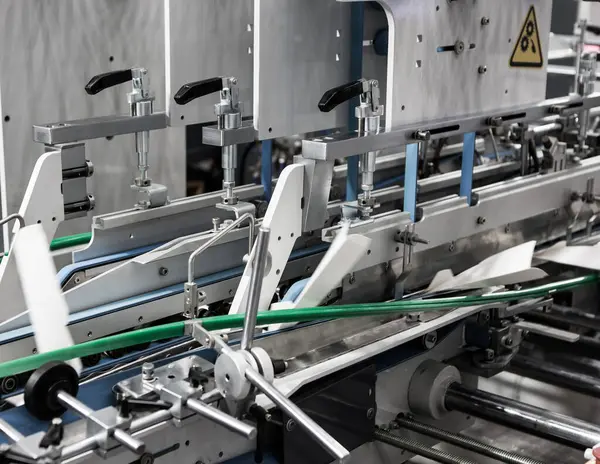 Produktion Von Automatischen Kartonfalzklebemaschinen Für Karton Oder Kartonverpackungen Druckereiindustrie — Stockfoto