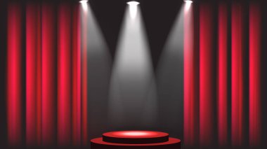 Kırmızı perdeli sahne. Sahne ışıklarıyla sahne arkası gösterisi. Tiyatro ya da sinema sahnesi. Vektör illüstrasyon tasarımı.