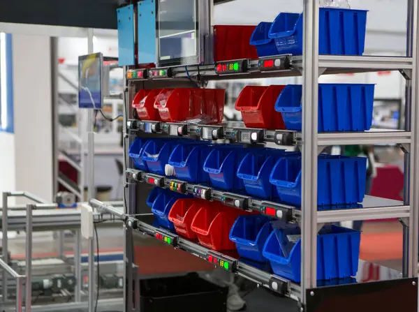 stock image Smart warehouse. Storage bins and trays in distribution warehouse