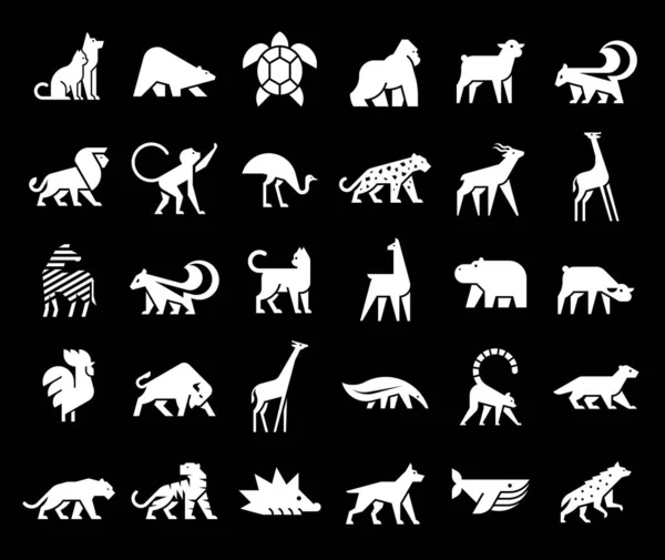 Tierlogos Sammeln Animal Logo Set Vorhanden Isoliert Auf Schwarzem Hintergrund — Stockvektor