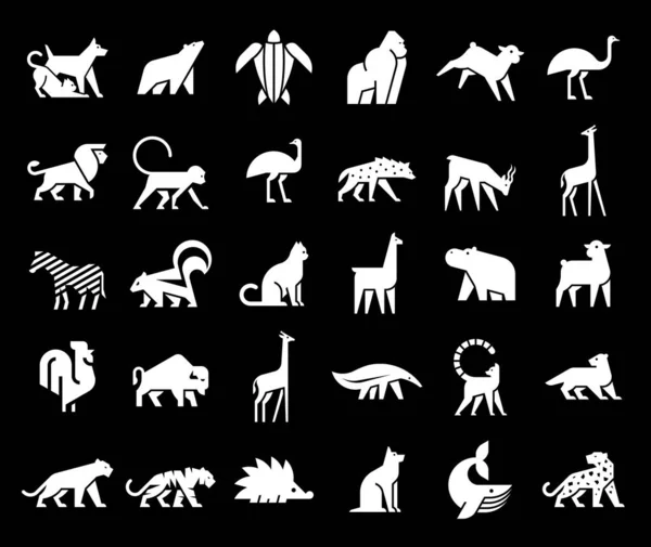 Συλλογή Λογότυπα Ζώων Σετ Λογότυπου Ζώου Απομονωμένη Μαύρο Φόντο — Διανυσματικό Αρχείο
