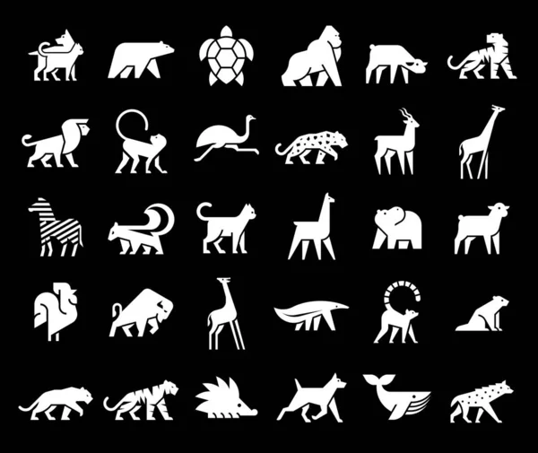 Hayvanlar Logoları Koleksiyonu Hayvan Logosu Seti Siyah Arka Planda Yalıtılmış — Stok Vektör