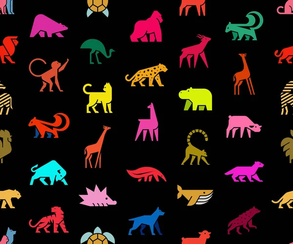 Bezešvé Vzory Logy Animals Zvířecí Logo Nastaveno Izolováno Černém Pozadí — Stockový vektor