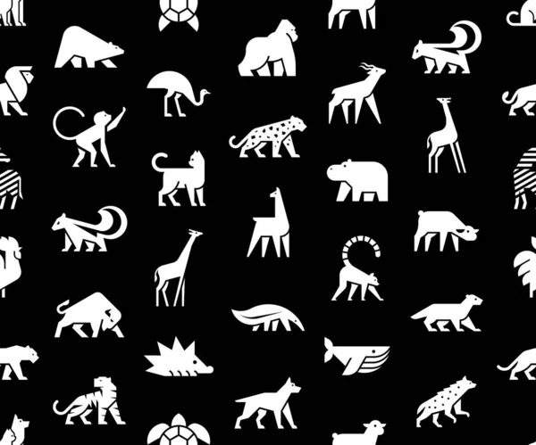 Sömlöst Mönster Med Animals Logotyper Djurlogotyp Isolerad Svart Bakgrund — Stock vektor