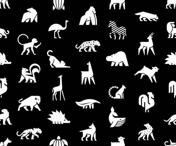 Απρόσκοπτη Μοτίβο Λογότυπα Ζώων Σετ Λογότυπο Ζώων Απομονωμένο Μαύρο Φόντο — Διανυσματικό Αρχείο