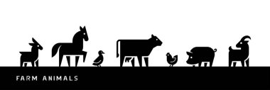 Beyaz arka planda izole edilmiş çiftlik hayvanları siluetleri. Vektör illüstrasyonu