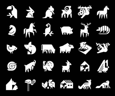 Hayvan logoları koleksiyonu. Hayvan logosu seti. Geometrik soyut logolar. Simge tasarımı