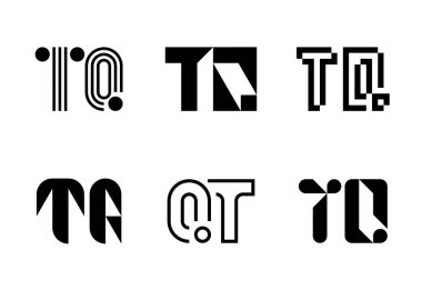 Bir dizi TQ logosu. Harfli soyut logo koleksiyonu. Geometrik soyut logolar