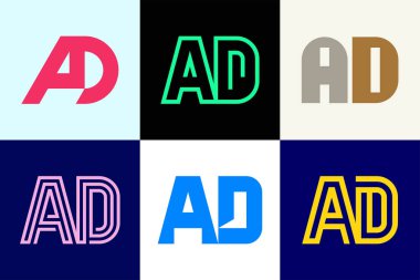 AD logolarından oluşan bir set. Harfli soyut logo koleksiyonu. Geometrik soyut logolar