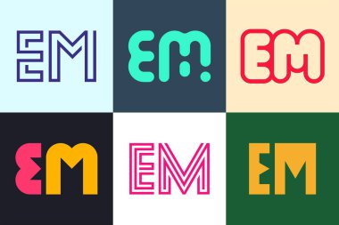 Bir dizi EM logosu. Harfli soyut logo koleksiyonu. Geometrik soyut logolar