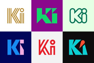 Bir dizi KI logosu. Harfli soyut logo koleksiyonu. Geometrik soyut logolar