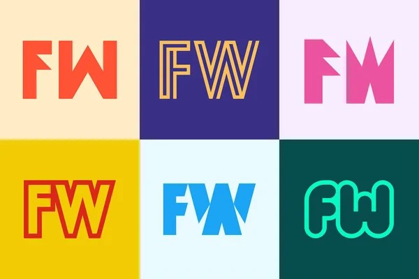 一套字母Fw标志 带有字母的抽象标识集合 几何抽象标识 — 图库矢量图片