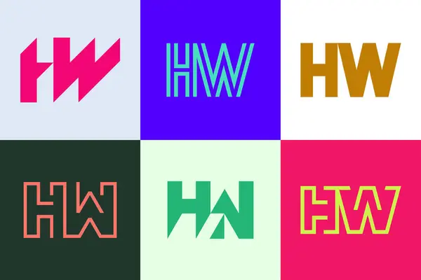 一套字母Hw标志 带有字母的抽象标识集合 几何抽象标识 — 图库矢量图片